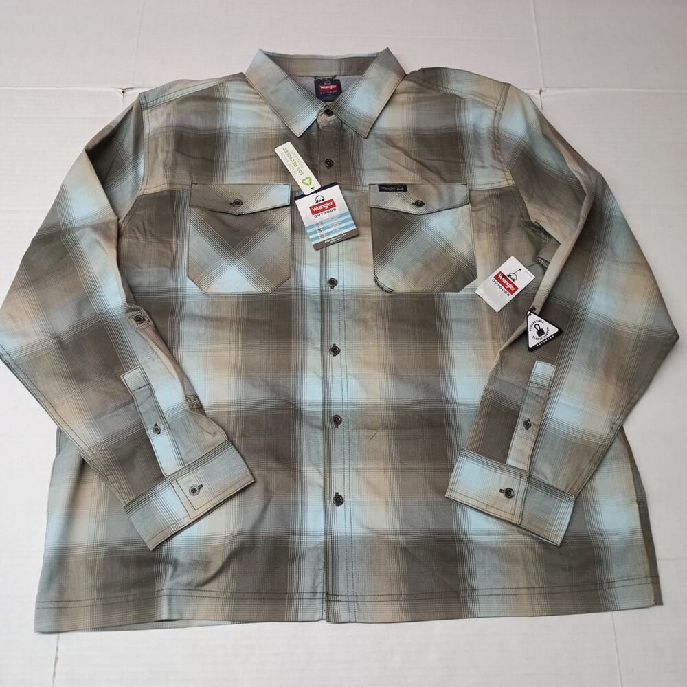 Wrangler Shirt Mens 2XL Gray Plaid Convertible Sleeves Shirt